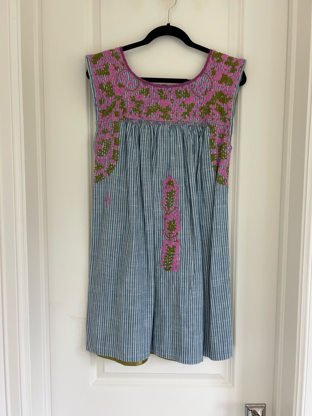 Mi Golondrina Blue Stripe Dress with Pink and Green Embroidery